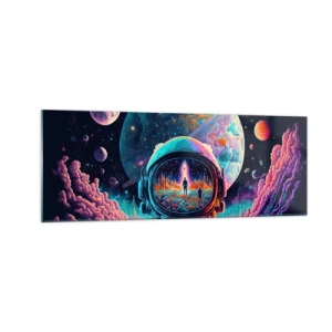 Cuadro sobre vidrio - Impresiones sobre Vidrio - Astronauta en el espacio con un colorido paisaje planetario. - 140x50cm - Sueños de niño - Decoración de pared moderna para salón y dormitorio ARTTOR