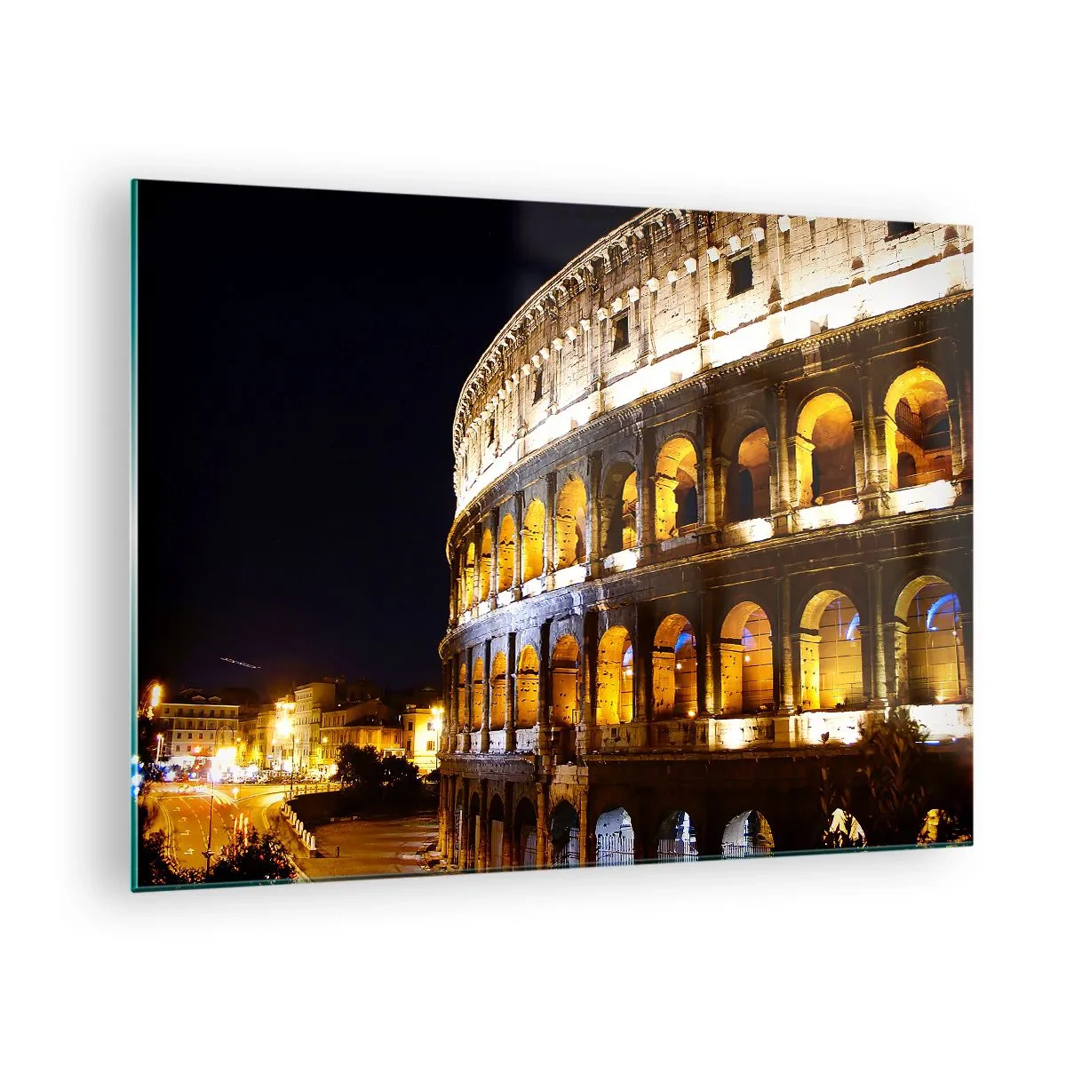 Cuadro sobre vidrio - Impresiones sobre Vidrio - El Coliseo de noche con arcos iluminados - 70x50cm - Los juegos están a punto de comenzar - Decoración de pared moderna para salón y dormitorio ARTTOR
