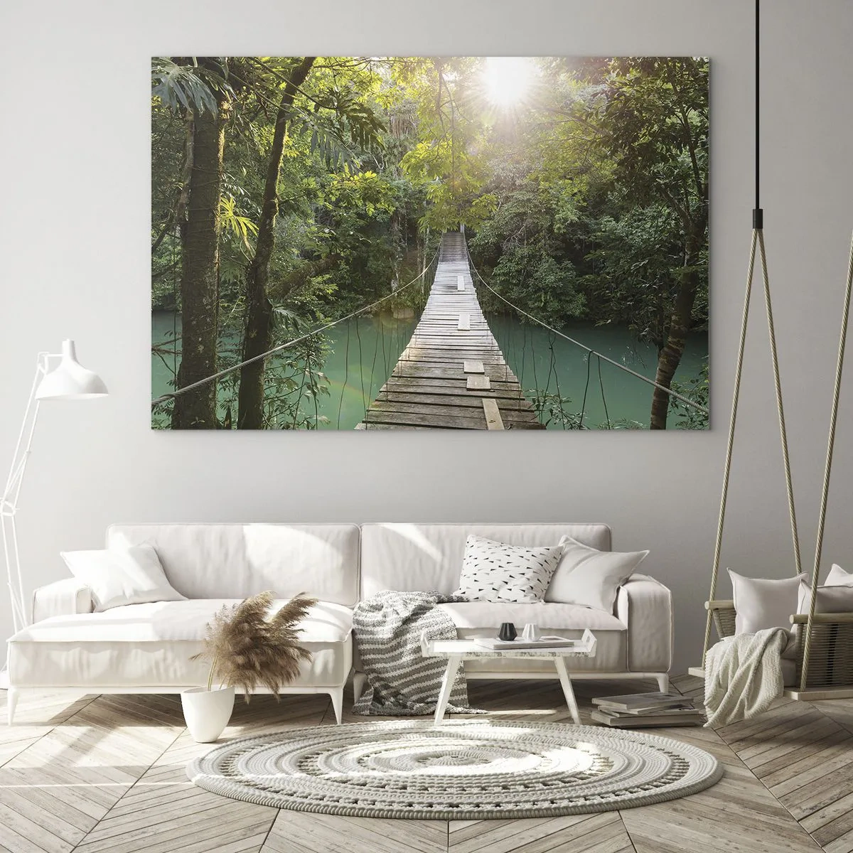 Cuadro sobre vidrio - Impresiones sobre Vidrio - Un puente colgante en un bosque tropical iluminado por la luz del sol. - 70x50cm - Sobre el agua azul hacia el bosque - Decoración de pared moderna para salón y dormitorio ARTTOR