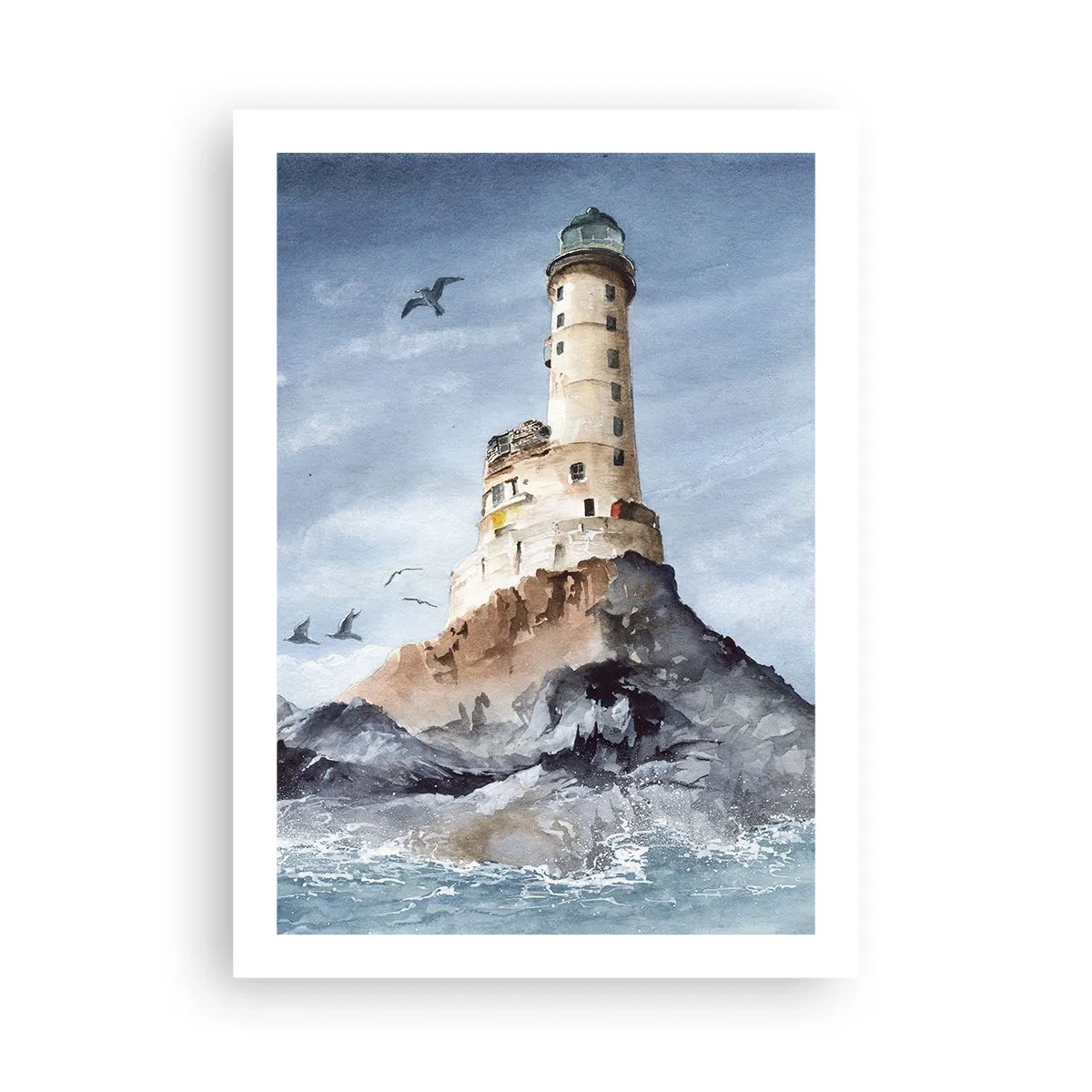 Póster - Una pintura de acuarela de un faro en una costa rocosa. - 50x70cm - Invencible - Decoración de pared moderna para salón y dormitorio ARTTOR