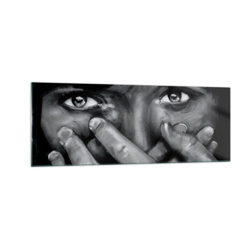 Cuadro sobre vidrio - Impresiones sobre Vidrio - Retrato en blanco y negro de una mujer cubriéndose la cara con las manos. - 140x50cm - No diré quién lo pintó - Decoración de pared moderna para salón y dormitorio ARTTOR