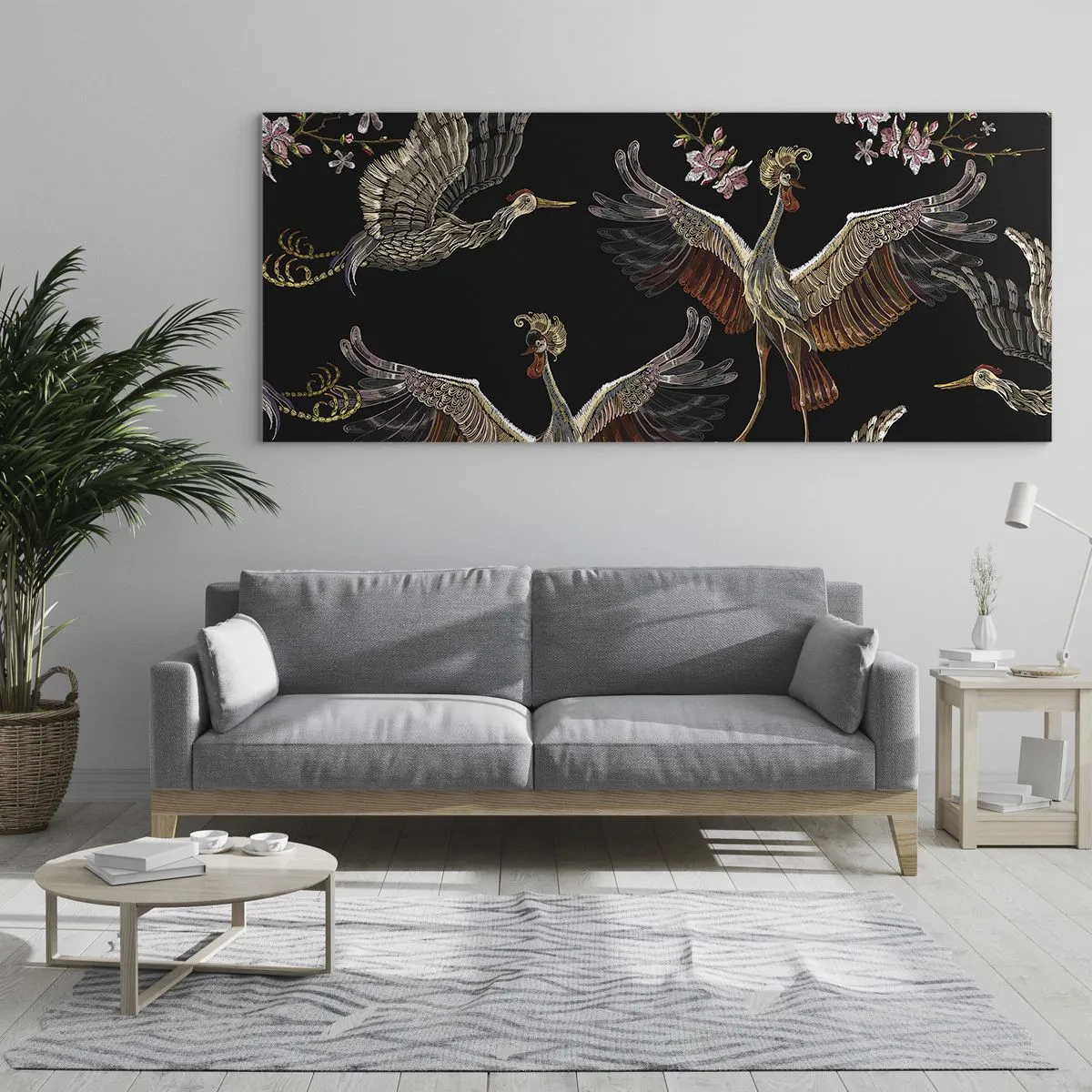 Cuadro sobre vidrio - Impresiones sobre Vidrio - Grullas y flores elegantes sobre un fondo negro. - 120x50cm - Aves de cuento de hadas - Decoración de pared moderna para salón y dormitorio ARTTOR