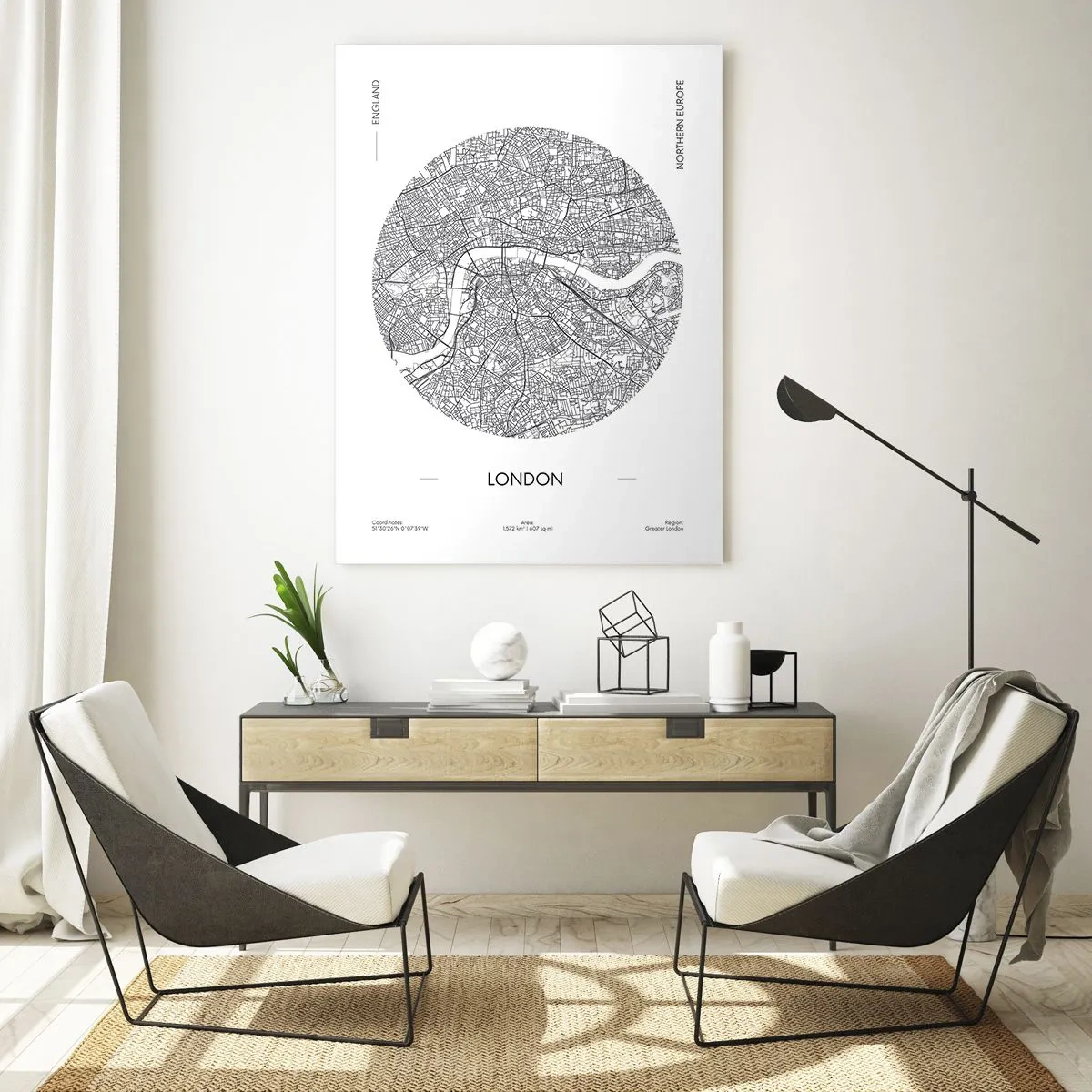 Cuadro sobre vidrio - Impresiones sobre Vidrio - Un mapa detallado de Londres en un estilo gráfico en blanco y negro. - 50x70cm - Anatomía de Londres - Decoración de pared moderna para salón y dormitorio ARTTOR