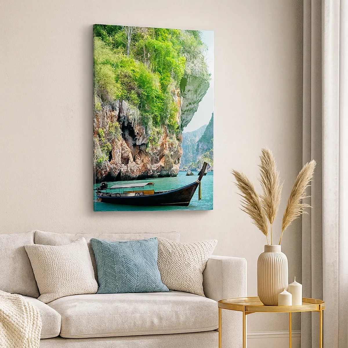 Cuadro sobre lienzo - Impresión de Imagen - Un barco tradicional con un telón de fondo de acantilados tropicales y aguas turquesas. - 50x70cm - Una invitación a un viaje exótico - Decoración de pared moderna para salón y dormitorio ARTTOR