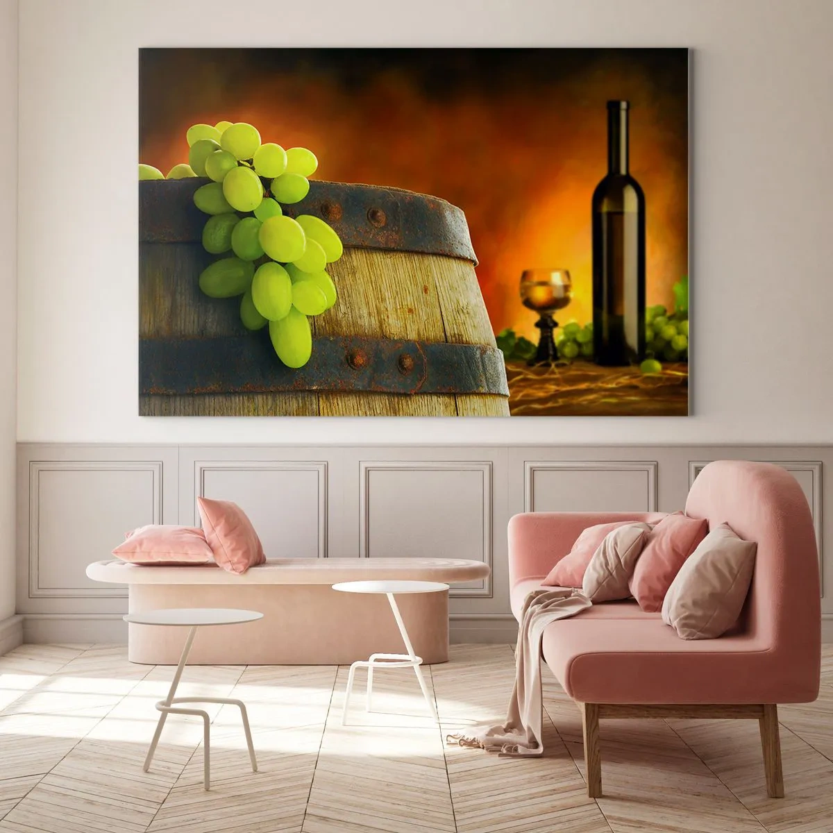 Cuadro sobre vidrio - Impresiones sobre Vidrio - Uvas en un barril en un entorno rústico con vino de fondo. - 120x80cm - Bodegón con botella de vino y racimo de uvas - Decoración de pared moderna para salón y dormitorio ARTTOR