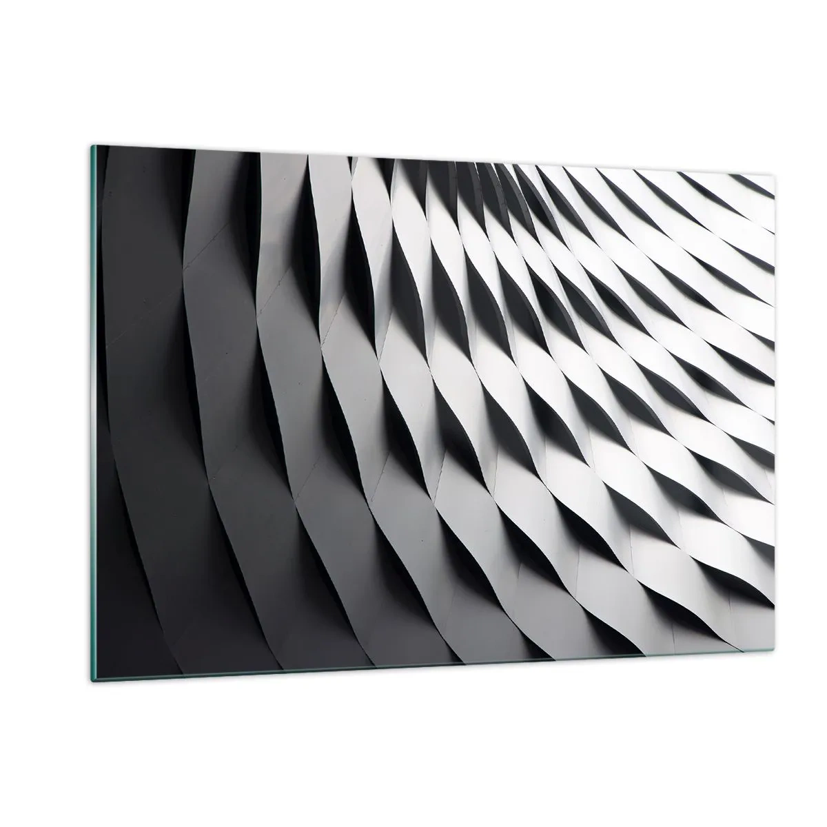 Cuadro sobre vidrio - Impresiones sobre Vidrio - Una estructura abstracta en blanco y negro que se asemeja a formas onduladas. - 120x80cm - En la superficie de las ondas - Decoración de pared moderna para salón y dormitorio ARTTOR