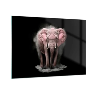 Cuadro sobre vidrio - Impresiones sobre Vidrio - Un elefante rosa sobre un fondo negro rodeado de una nube de polvo. - 70x50cm - El rey rosado de oriente - Decoración de pared moderna para salón y dormitorio ARTTOR