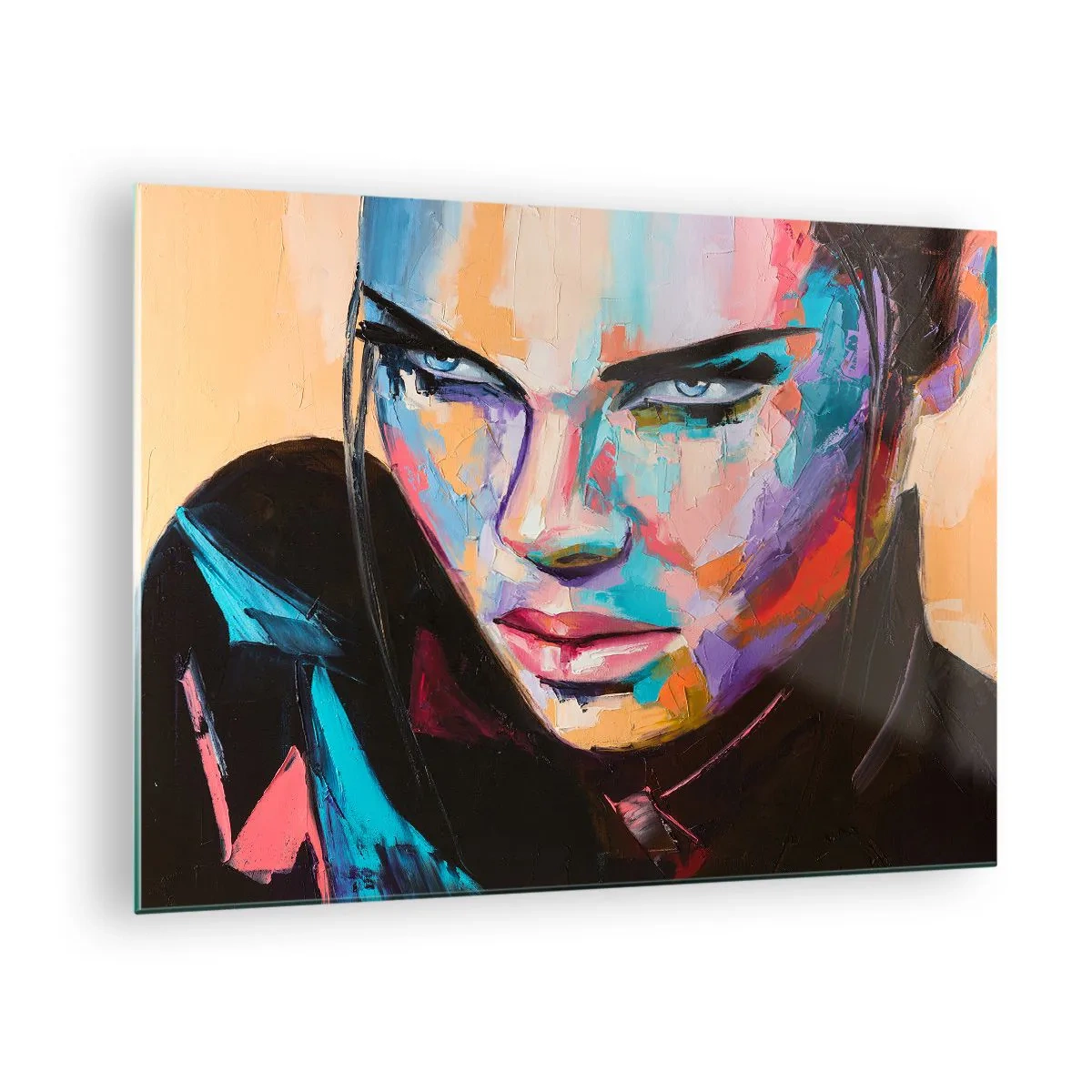 Cuadro sobre vidrio - Impresiones sobre Vidrio - Retrato de una mujer en colores vibrantes sobre un fondo abstracto. - 70x50cm - Salvaje de corazón - Decoración de pared moderna para salón y dormitorio ARTTOR
