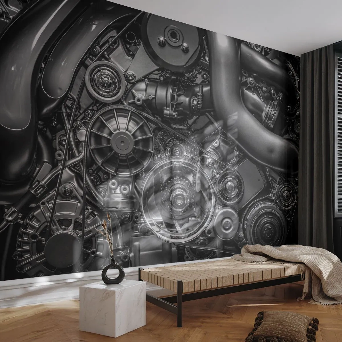 Fotomural Premium Canvas - Primer plano en blanco y negro de los detalles mecánicos de un motor de automóvil. - 100x70cm - La poesía de la mecánica - Decoración de pared moderna para salón y dormitorio ARTTOR