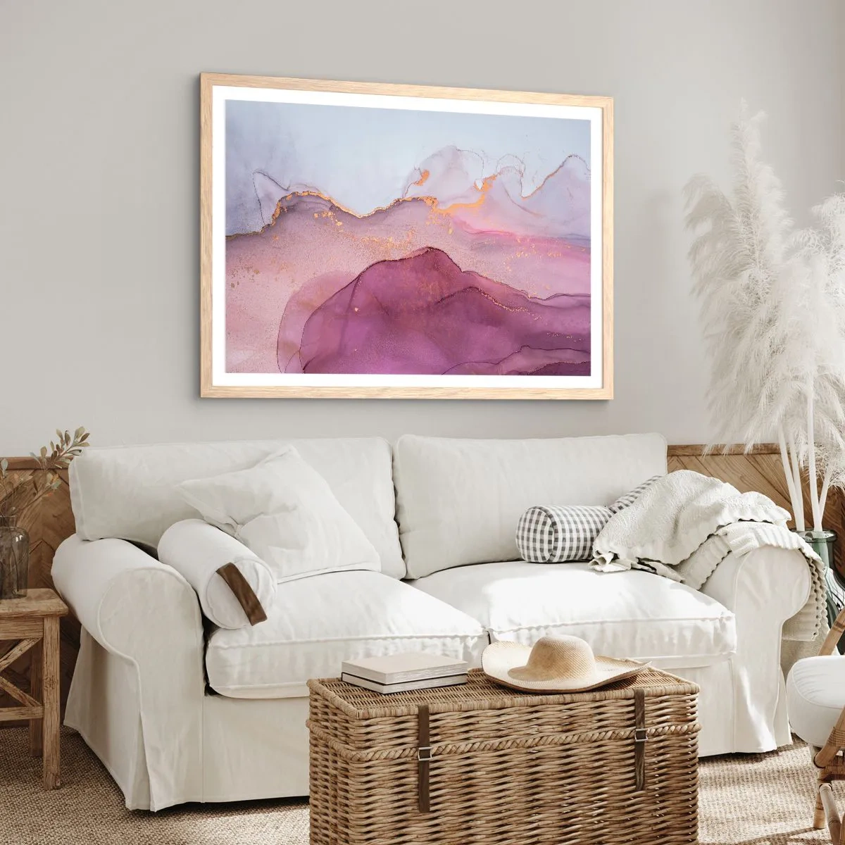 Póster en marco roble claro - Olas de lila y púrpura - 40x30 cm