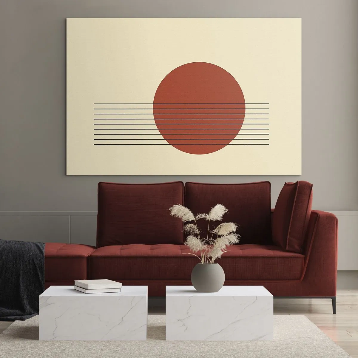 Cuadro sobre vidrio - Impresiones sobre Vidrio - Gráfico minimalista con círculo rojo y líneas. - 100x70cm - Cruzando el círculo - Decoración de pared moderna para salón y dormitorio ARTTOR