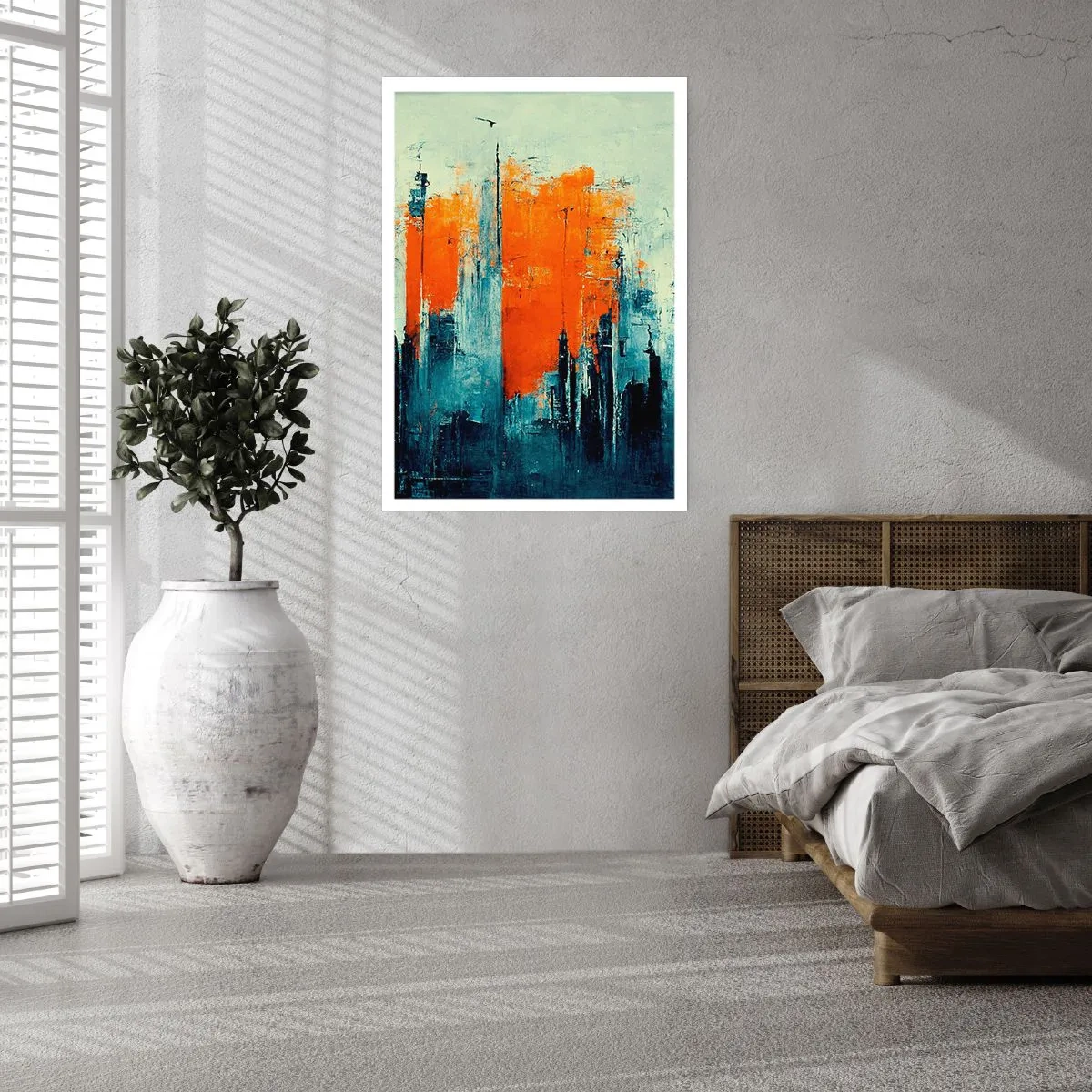 Póster - Panorama abstracto de la ciudad en tonos naranja y azul marino - 50x70cm - Paisaje moderno - Decoración de pared moderna para salón y dormitorio ARTTOR