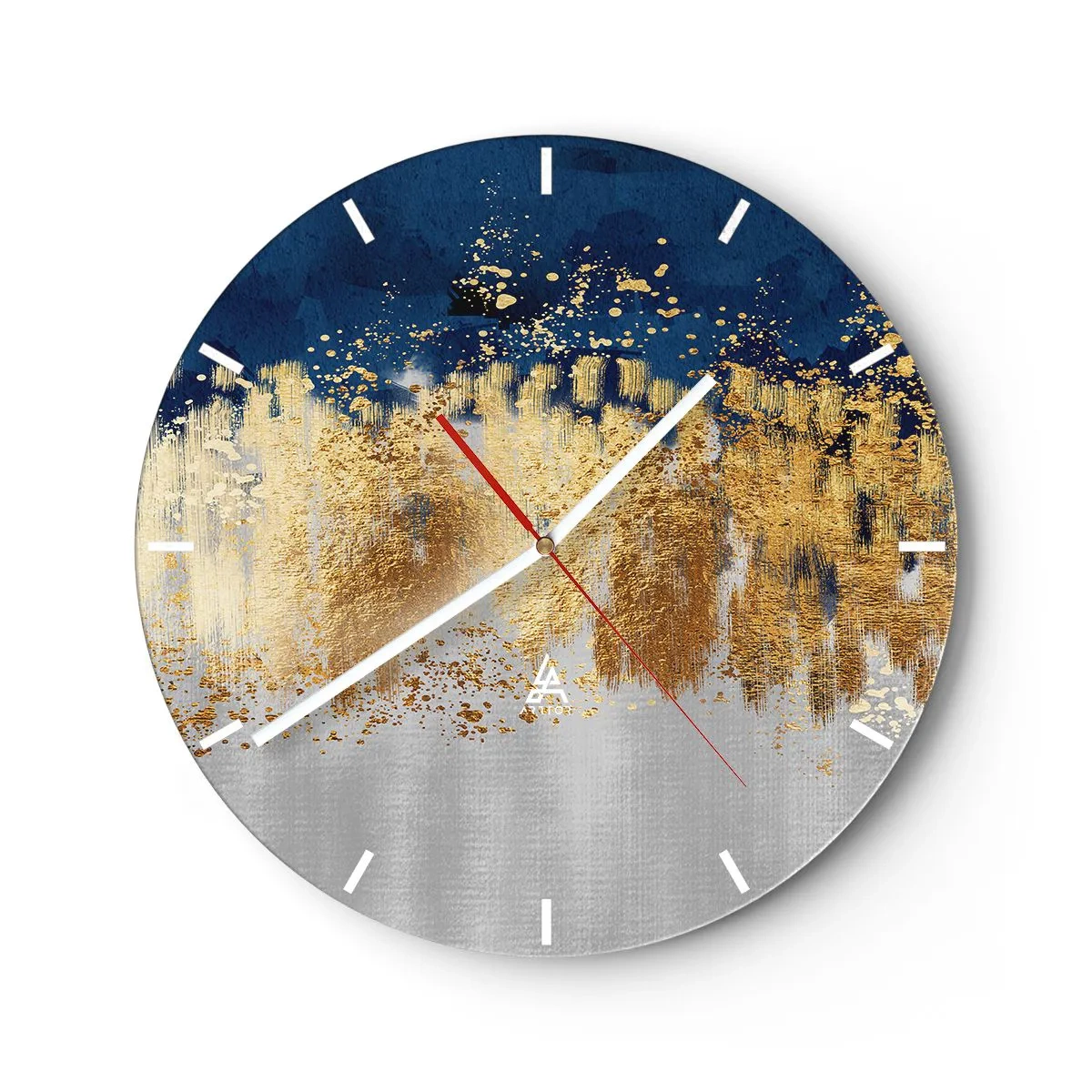 Reloj de pared - Reloj de vidrio - Reflejos dorados y fondo azul plateado en estilo abstracto. - 30x30cm - Composición moderna con chispas - Decoración de pared moderna para salón, cocina y dormitorio ARTTOR
