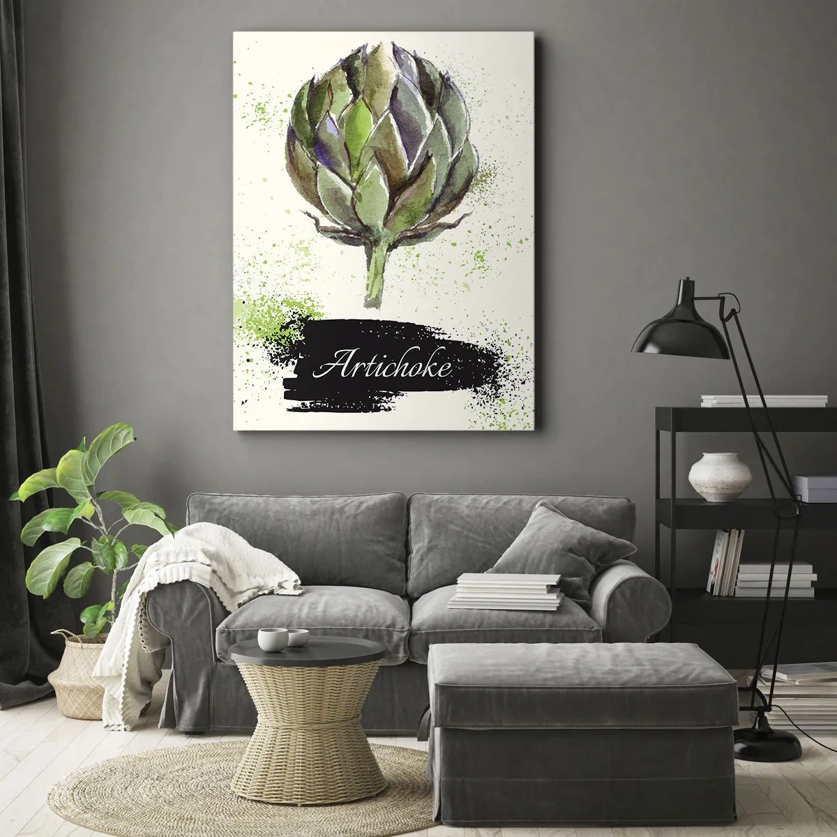 Cuadro sobre lienzo - Impresión de Imagen - Alcachofa de acuarela con texto sobre un fondo claro con acentos verdes. - 50x70cm - El sabor del otoño - Decoración de pared moderna para salón y dormitorio ARTTOR
