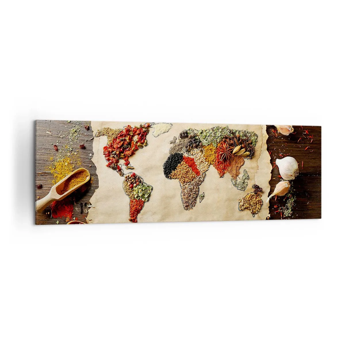 Cuadro sobre lienzo - Impresión de Imagen - Un mapa del mundo hecho de especias sobre un fondo de madera. - 160x50cm - Todos los sabores del mundo - Decoración de pared moderna para salón y dormitorio ARTTOR