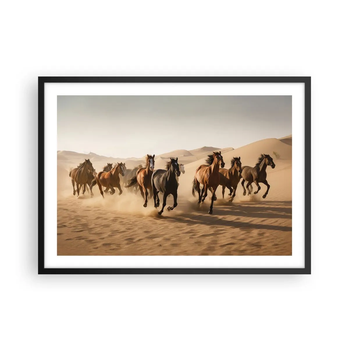 Póster en marco negro - Caballos al galope contra un fondo desértico - 70x50cm - Libre como el viento - Decoración de pared moderna para salón y dormitorio ARTTOR