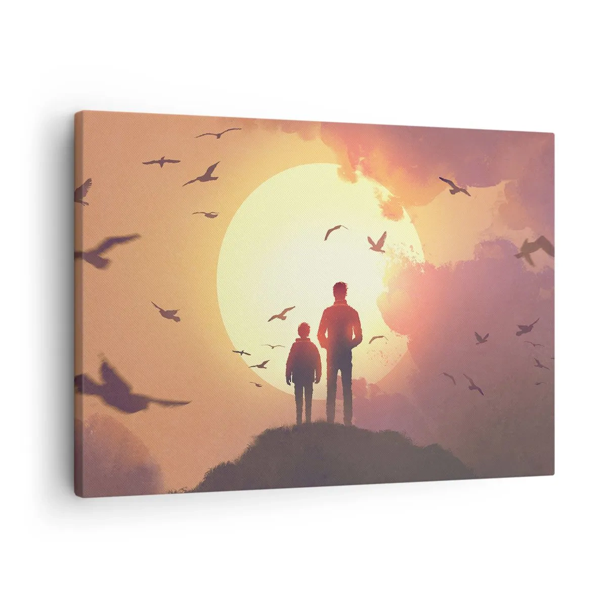 Cuadro sobre lienzo - Impresión de Imagen - Figuras con el sol poniente como telón de fondo - 70x50cm - Cara a cara con el sol - Decoración de pared moderna para salón y dormitorio ARTTOR