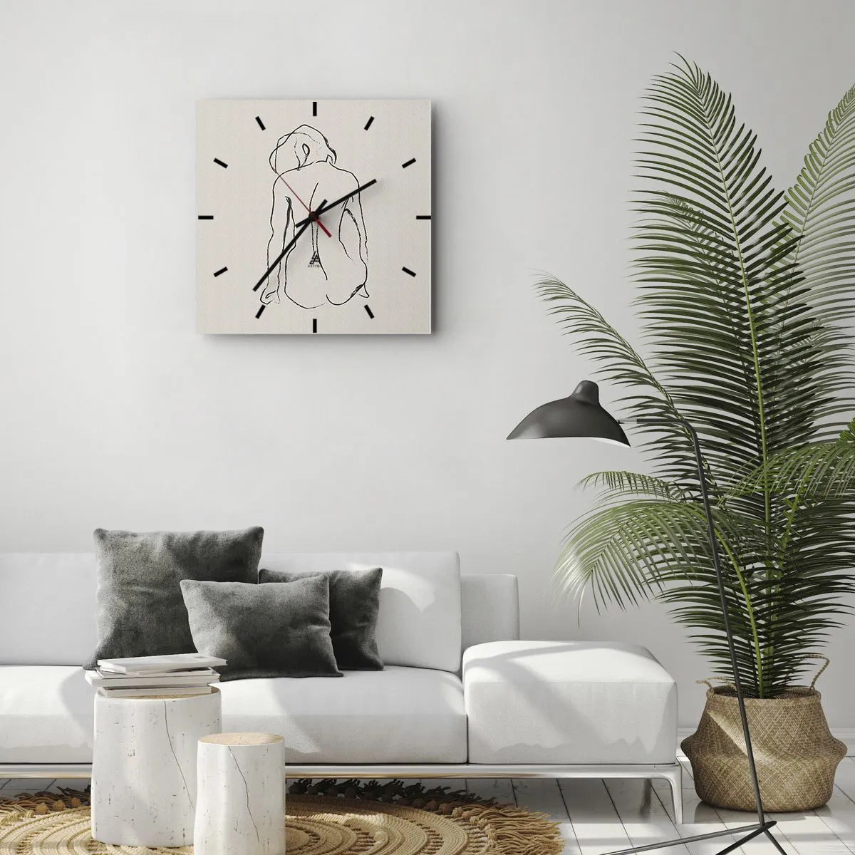 Reloj de pared - Reloj de vidrio - Un boceto sutil de la silueta de una niña desde atrás. - 30x30cm - Esbozos de una espalada - Decoración de pared moderna para salón y dormitorio ARTTOR