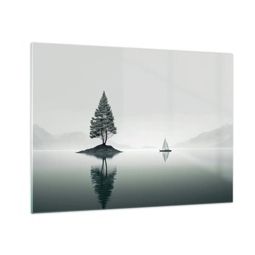 Cuadro sobre vidrio - Impresiones sobre Vidrio - Un árbol solitario en una isla y un velero en un lago tranquilo. - 70x50cm - Un sueño hecho realidad - Decoración de pared moderna para salón y dormitorio ARTTOR