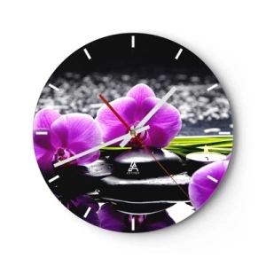 Reloj de pared - Reloj de vidrio - Orquídeas moradas con piedras y una vela en el agua. - 30x30cm - Ahogarse en la paz y la tranquilidad - Decoración de pared moderna para salón, cocina y dormitorio ARTTOR