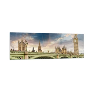 Cuadro sobre vidrio - Impresiones sobre Vidrio - El Big Ben y el puente de Westminster contra el cielo al anochecer - 160x50cm - El tiempo se detuvo en el Imperio - Decoración de pared moderna para salón y dormitorio ARTTOR