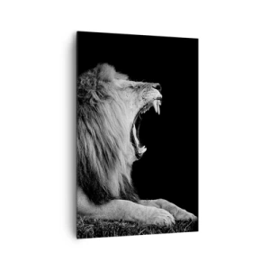 Cuadro sobre lienzo - Impresión de Imagen - Un león rugiente sobre un fondo negro en tonos blanco y negro. - 80x120cm - Sin duda alguna - Decoración de pared moderna para salón y dormitorio ARTTOR