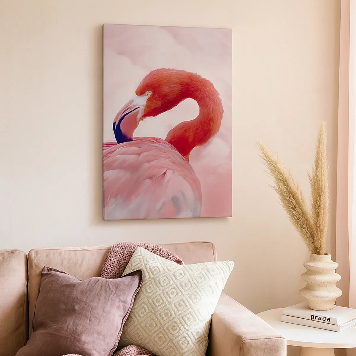 Cuadro sobre lienzo - Impresión de Imagen - Un flamenco en tonos rosados sobre un fondo claro. - 50x70cm - La belleza de las aves - Decoración de pared moderna para salón y dormitorio ARTTOR