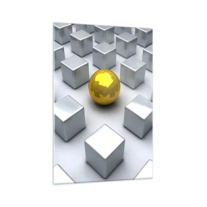 Cuadro sobre vidrio - Impresiones sobre Vidrio - Una esfera dorada que destaca entre los cubos plateados. - 70x100cm - ¿Por qué yo? Composición geométrica - Decoración de pared moderna para salón y dormitorio ARTTOR