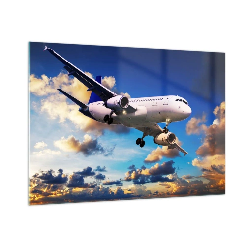 Cuadro sobre vidrio - Impresiones sobre Vidrio - Un avión en vuelo contra un cielo pintoresco. - 100x70cm - Un viaje en blanco y azul - Decoración de pared moderna para salón y dormitorio ARTTOR