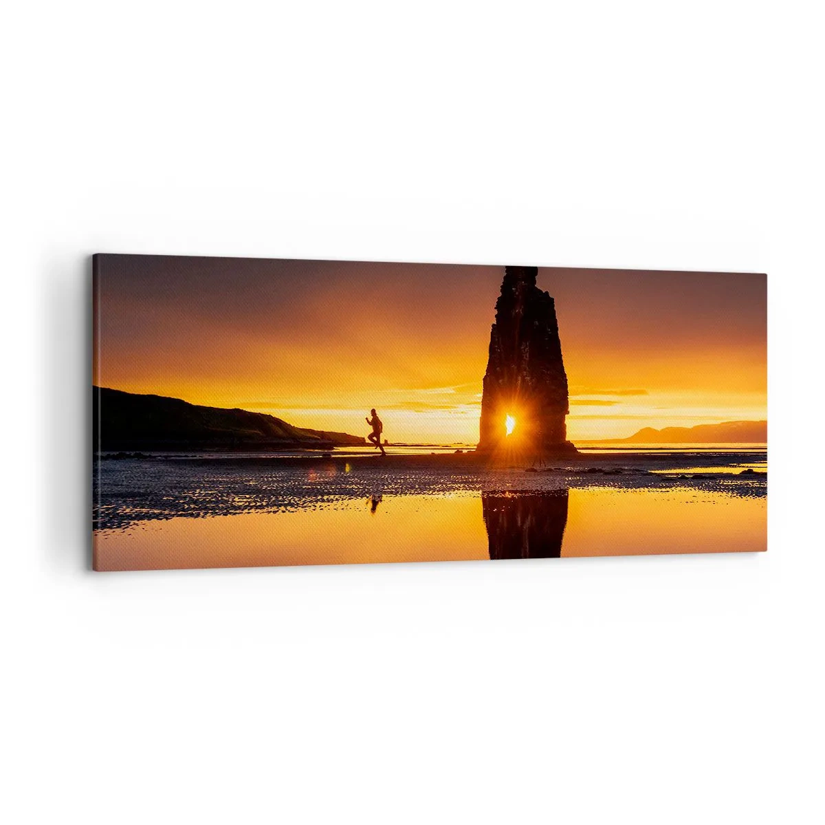 Cuadro sobre lienzo - Impresión de Imagen - Persona corriendo en la playa al atardecer con formación rocosa - 120x50cm - Solo tú y la naturaleza - Decoración de pared moderna para salón y dormitorio ARTTOR