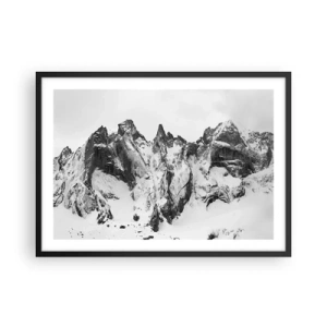 Póster en marco negro - Picos de montañas nevados en blanco y negro - 70x50cm - Cresta amenazante - Decoración de pared moderna para salón y dormitorio ARTTOR