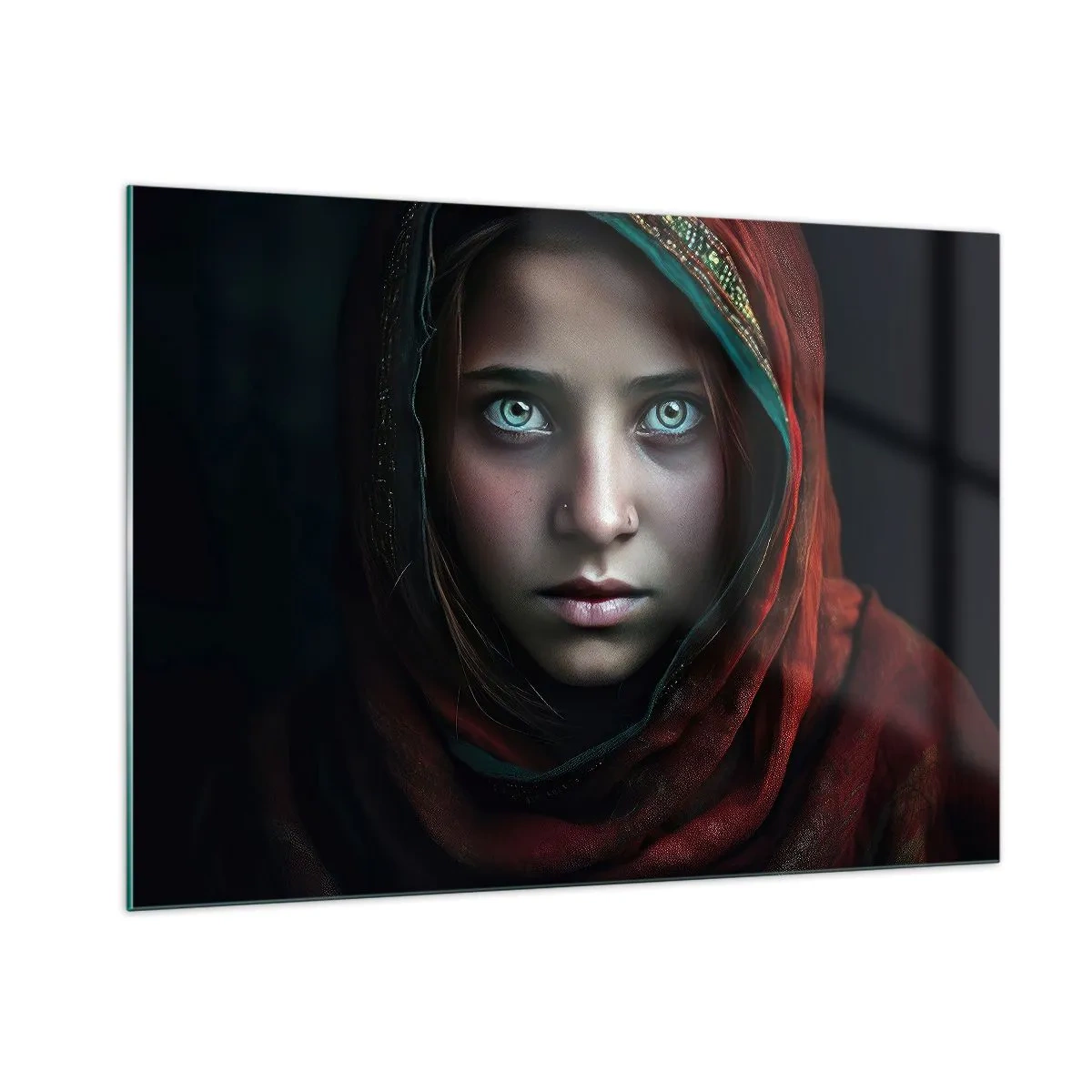 Cuadro sobre vidrio - Impresiones sobre Vidrio - Retrato de una mujer con un pañuelo rojo sobre un fondo oscuro. - 100x70cm - Princesa del Este - Decoración de pared moderna para salón y dormitorio ARTTOR