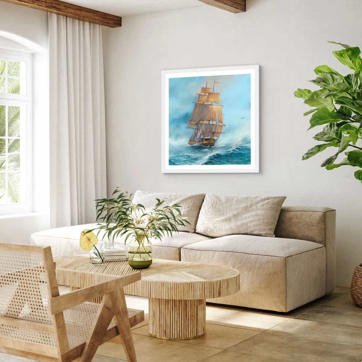 Póster en marco blanco - Surcando las olas - 60x60 cm