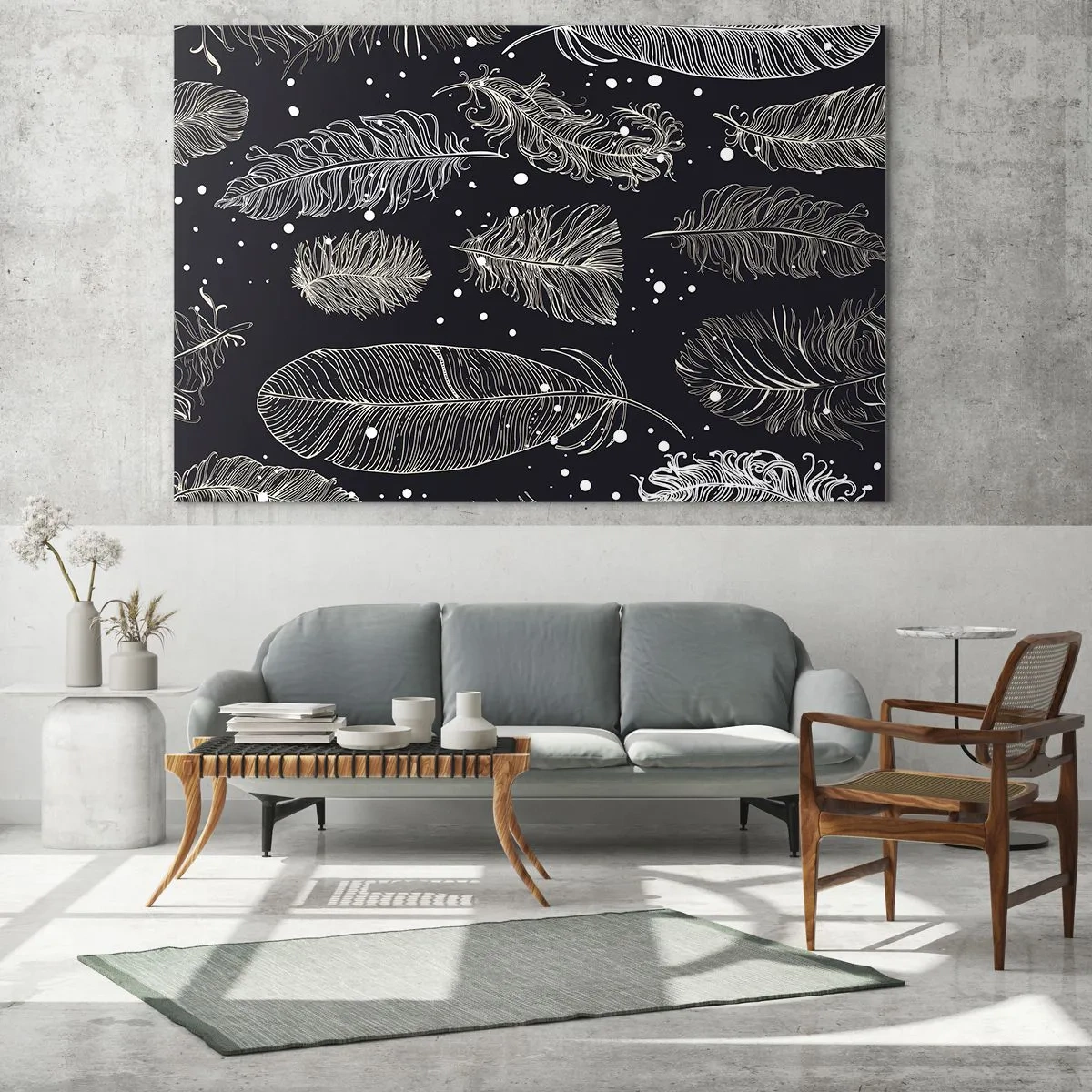 Cuadro sobre vidrio - Impresiones sobre Vidrio - Plumas blancas sobre fondo negro con detalles sutiles. - 70x50cm - Encaje de plumas - Decoración de pared moderna para salón y dormitorio ARTTOR