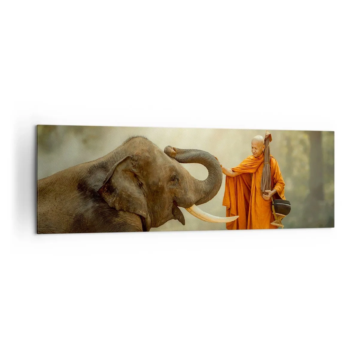 Cuadro sobre lienzo - Impresión de Imagen - Un monje y un elefante en armonía con la naturaleza como telón de fondo. - 160x50cm - Un encuentro en un viaje - Decoración de pared moderna para salón y dormitorio ARTTOR