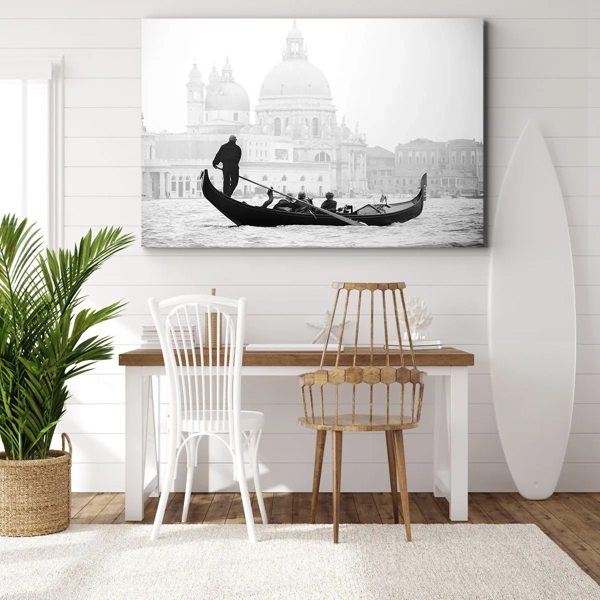 Cuadro sobre lienzo - Impresión de Imagen - Una góndola con la basílica al fondo en blanco y negro. - 100x70cm - Un viaje a la fuente de la belleza - Decoración de pared moderna para salón y dormitorio ARTTOR