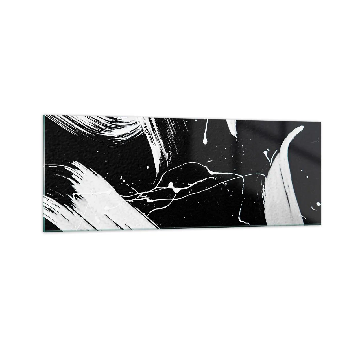 Cuadro sobre vidrio - Impresiones sobre Vidrio - Trazos blancos abstractos sobre un fondo negro - 140x50cm - Rompiendo la oscuridad - Decoración de pared moderna para salón y dormitorio ARTTOR