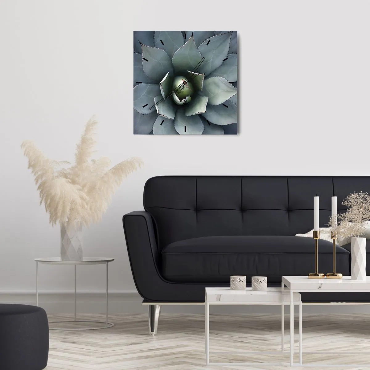 Reloj de pared - Reloj de vidrio - Primer plano de una roseta de agave en delicados tonos verdes. - 30x30cm - Perfección natural - Decoración de pared moderna para salón y dormitorio ARTTOR