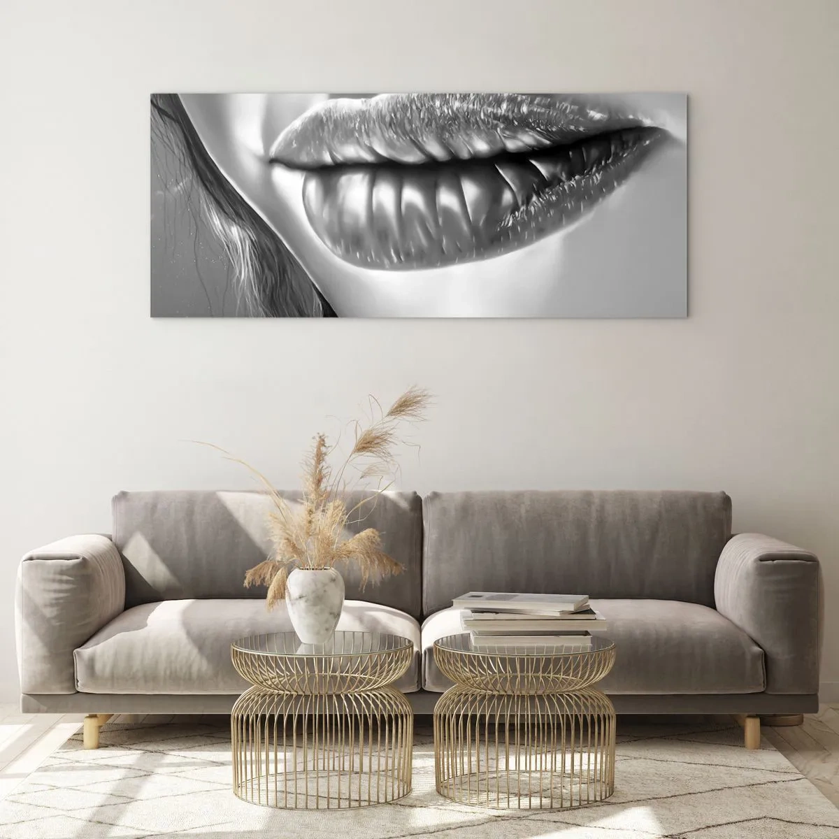 Cuadro sobre vidrio - Impresiones sobre Vidrio - Primer plano en blanco y negro de los labios de una mujer con efecto brillante y detalles. - 140x50cm - Sé lo que estás pensando... - Decoración de pared moderna para salón y dormitorio ARTTOR