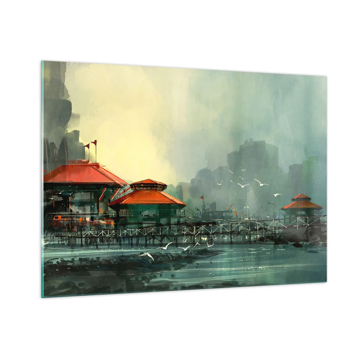 Cuadro sobre vidrio - Impresiones sobre Vidrio - Edificios portuarios con tejados rojos contra la niebla - 100x70cm - Un día soleado en el puerto - Decoración de pared moderna para salón y dormitorio ARTTOR