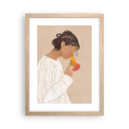 Póster en marco roble claro - Joven con flores - 30x40 cm