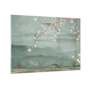 Cuadro sobre vidrio - Impresiones sobre Vidrio - Una rama con flores y pájaros sobre un fondo de colinas verdes. - 70x50cm - Primavera, ah, eres tú - Decoración de pared moderna para salón y dormitorio ARTTOR