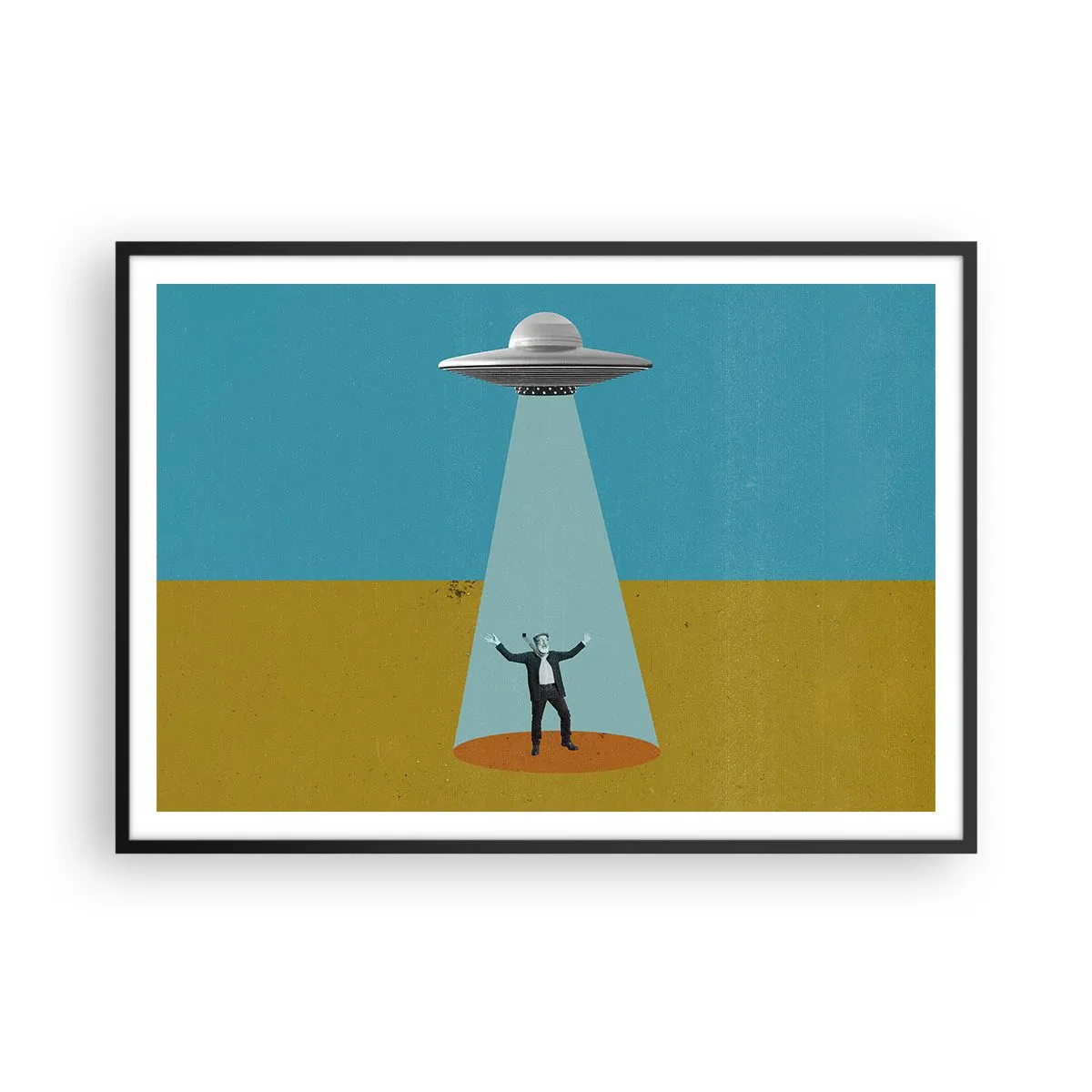 Póster en marco negro - Un hombre a la luz de un OVNI sobre el fondo de un paisaje colorido. - 100x70cm - Un encuentro cercano - Decoración de pared moderna para salón y dormitorio ARTTOR