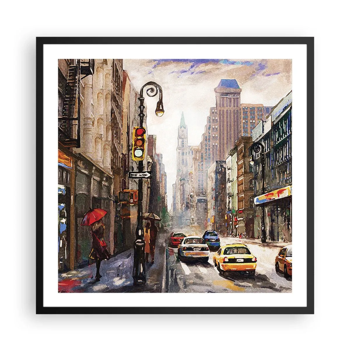 Póster en marco negro - Nueva York - también colorida bajo la lluvia - 60x60 cm