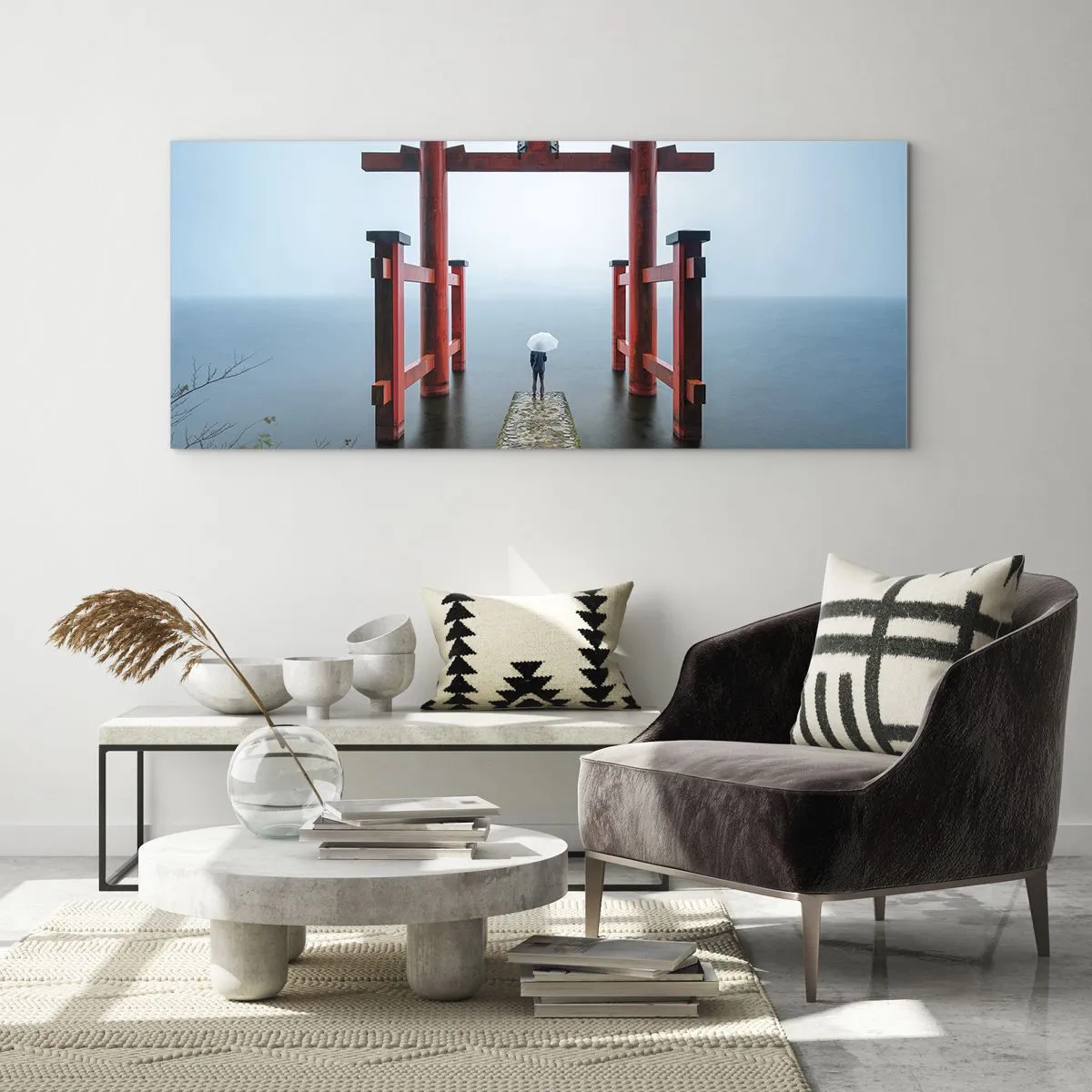 Cuadro sobre vidrio - Impresiones sobre Vidrio - Una puerta torii con vistas a un lago tranquilo en Japón - 120x50cm - Ensueño japonés - Decoración de pared moderna para salón y dormitorio ARTTOR