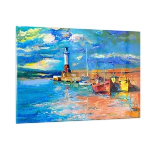 Cuadro sobre vidrio - Impresiones sobre Vidrio - Bahía Arcoíris con un faro y barcos coloridos en el puerto - 120x80cm - Tarde en la bahía del arco iris - Decoración de pared moderna para salón y dormitorio ARTTOR