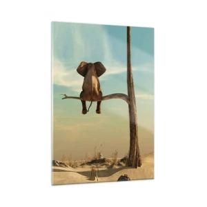 Cuadro sobre vidrio - Impresiones sobre Vidrio - Un elefante en la rama de un árbol en un entorno surrealista. - 50x70cm - Un nuevo punto de vista - Decoración de pared moderna para salón y dormitorio ARTTOR