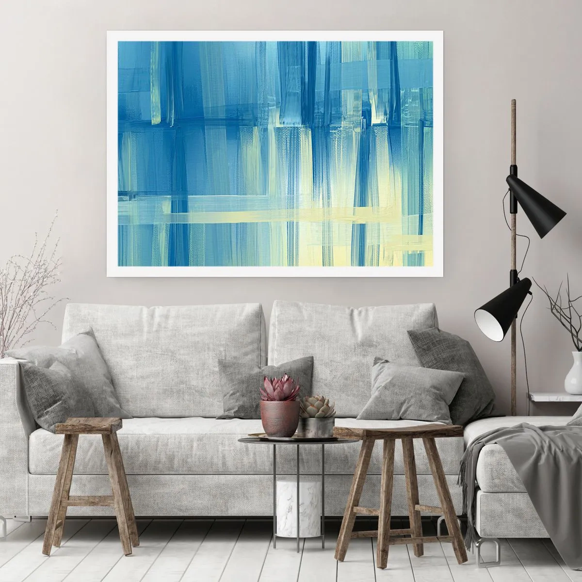 Póster - Un cuadro abstracto en tonos turquesa y azul con pinceladas geométricas. - 100x70cm - Composición en turquesa - Decoración de pared moderna para salón y dormitorio ARTTOR