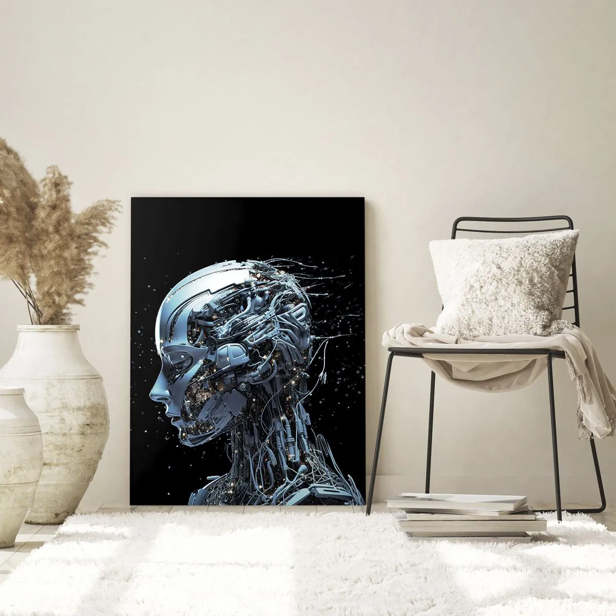 Cuadro sobre vidrio - Impresiones sobre Vidrio - Retrato futurista de un cyborg en estilo industrial sobre fondo negro. - 80x120cm - La tecnología es una mujer - Decoración de pared moderna para salón y dormitorio ARTTOR