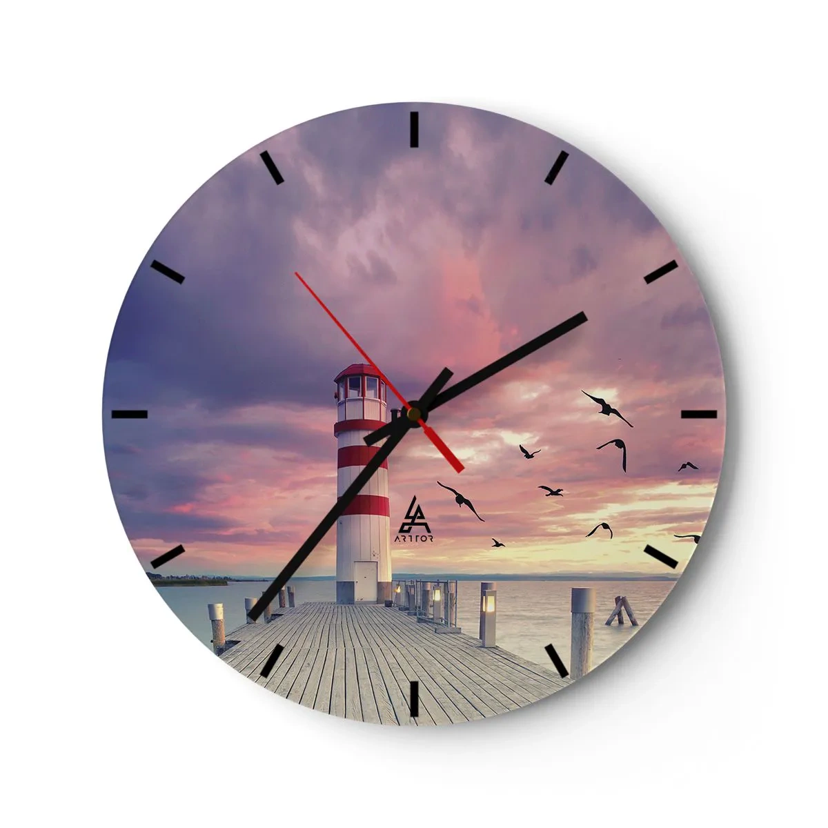 Reloj de pared - Reloj de vidrio - Faro al atardecer sobre el agua - 30x30cm - Hora de ir al puerto - Decoración de pared moderna para salón, cocina y dormitorio ARTTOR